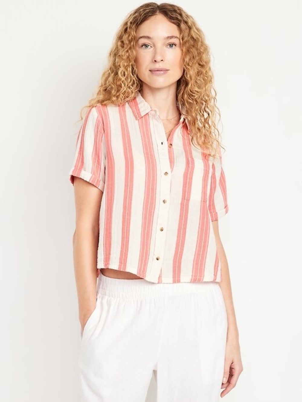 🌸 Old Navy Crinkle Gauze Striped Button-Down Shirt Pink White Size Small NWOT